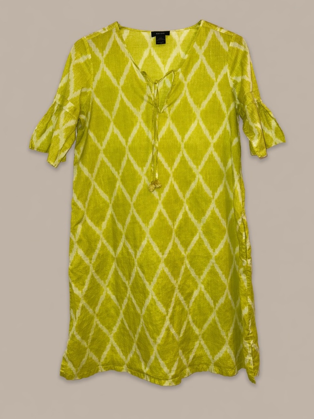 Natori Lime Green Ikat Diamond Print Tunic Dress Size S Bell Sleeve